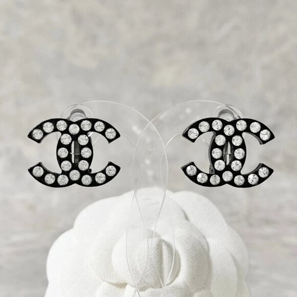 CHANEL Black CC Logos Rhinestone Clip-On Earrings Silver Tone Auth #8474 - Picture 3 of 5